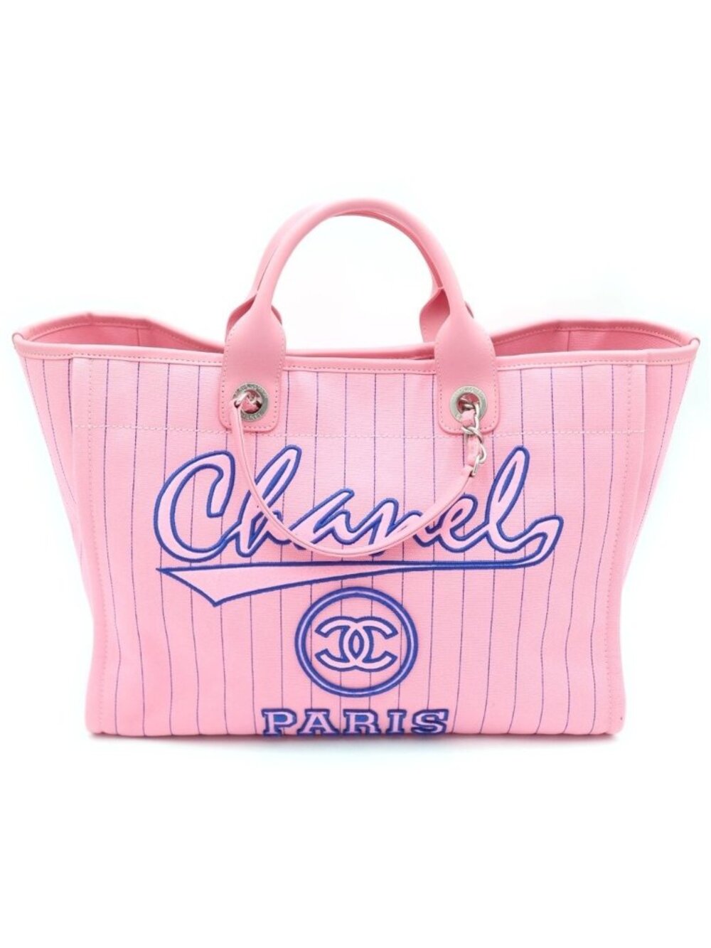 Chanel Deauville GM Canvas Leather Silver 2-Way Chain Tote Bag Plate Pink